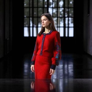 Anne Crimmins Red Blue Pattern Skirt & Sweater Set